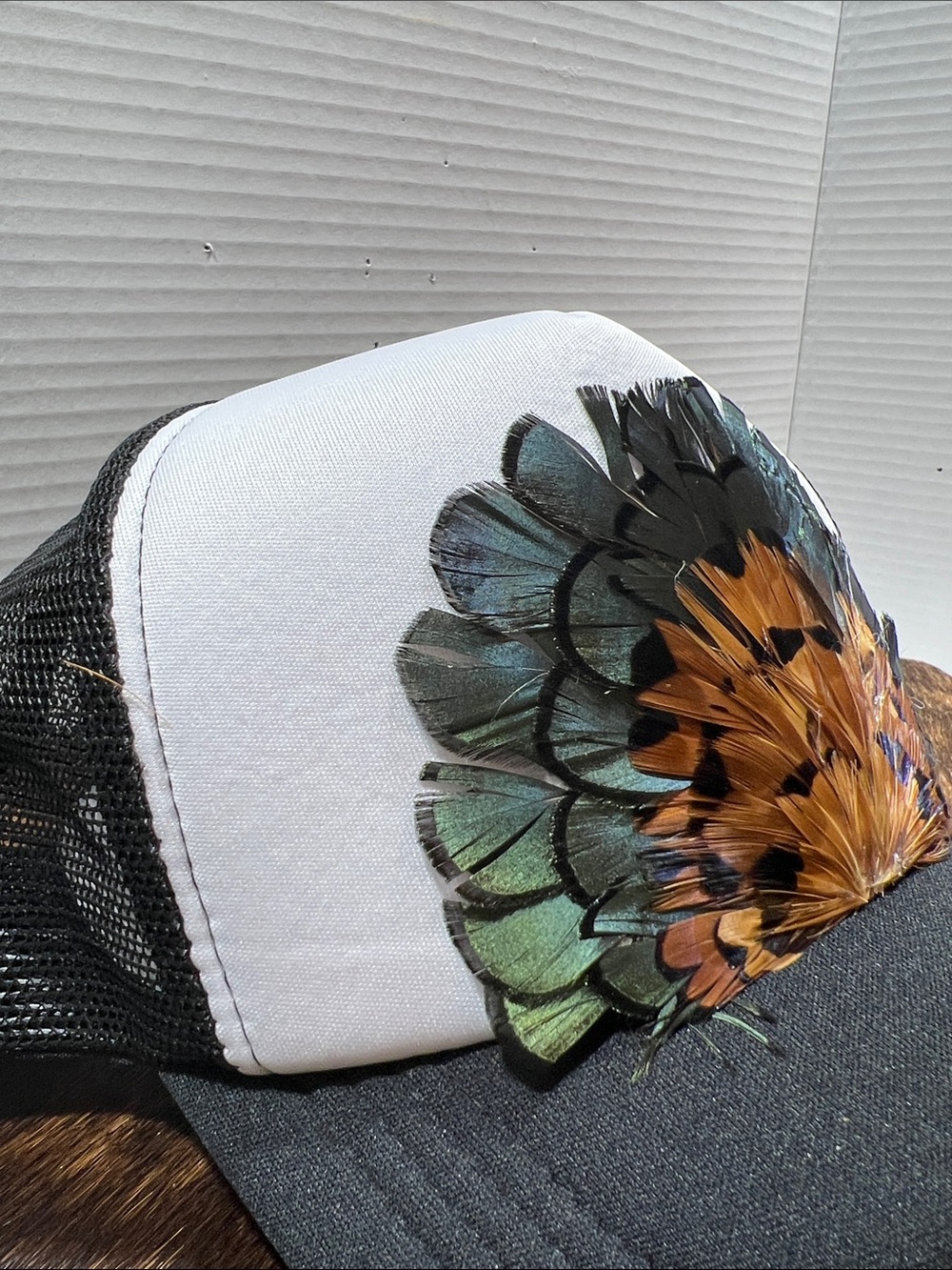 Black & White Trucker Hat with Turquoise Feather Embroidery. $45 retail!! - Picture 4 of 8